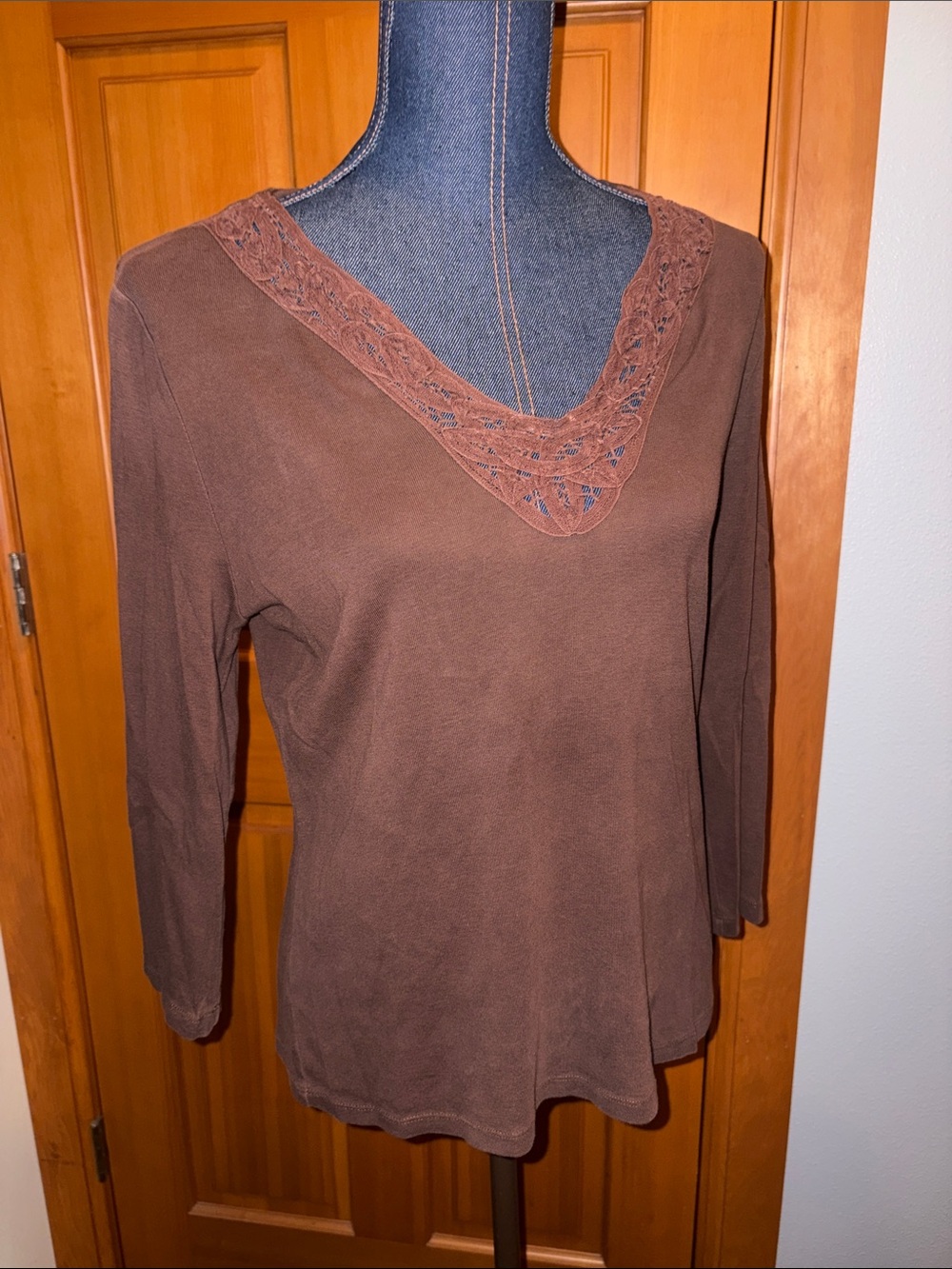 Harold's Chocolate Brown Crocheted Lace Trim V-Neck Long Sleeve Tee